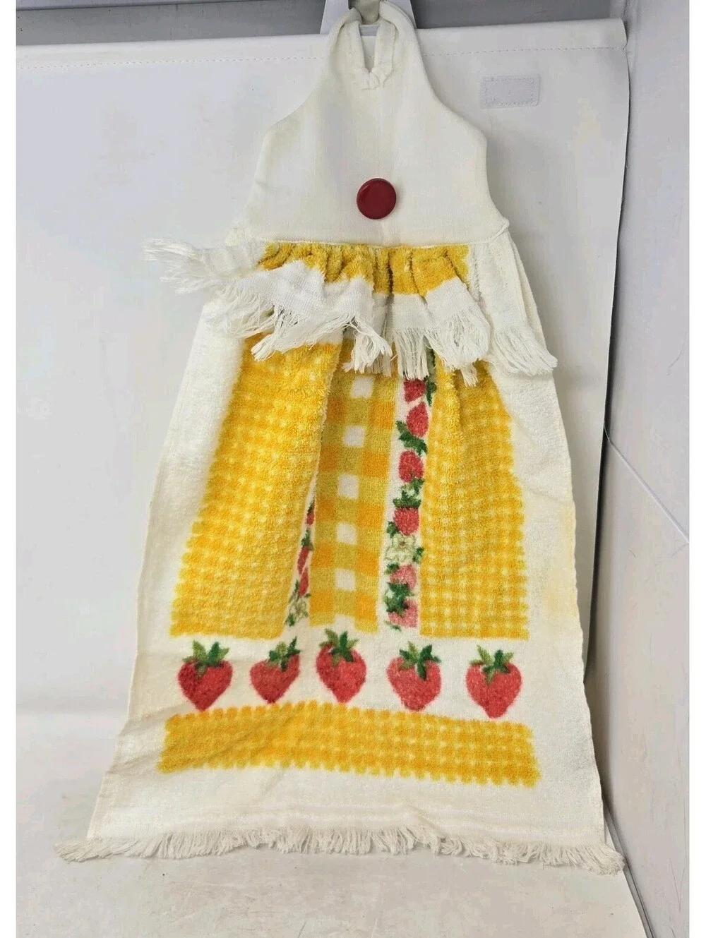 Vintage 1970s Strawberry Hanging Dish Towel Vibrant Bright Colors Red Top 27